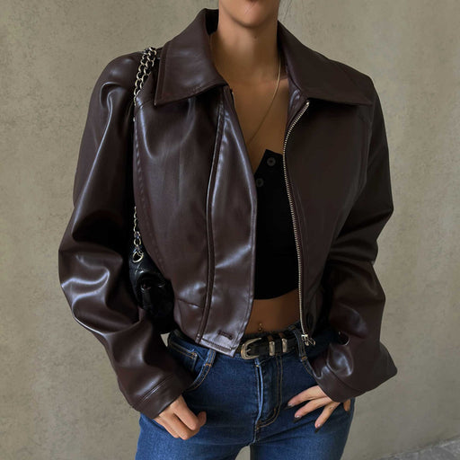 Color-Women Clothing Autumn Retro Collared Zipper Faux Leather Casual Jacket Coat-Fancey Boutique