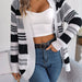 Color-Gray-Autumn Winter Casual Contrast Color Stripes Pocket Long Sleeve Sweater Cardigan Coat Women Clothing-Fancey Boutique