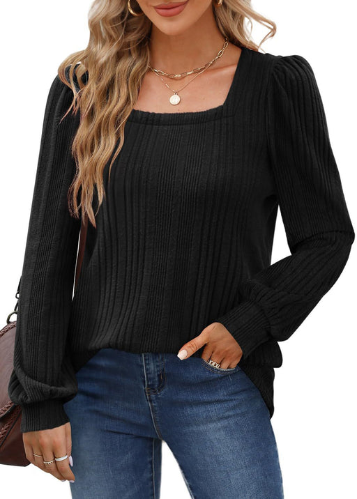Color-Black-Temu Autumn Winter Women Sunken Stripe Square Collar Casual Long Sleeve Top-Fancey Boutique