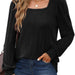 Color-Black-Temu Autumn Winter Women Sunken Stripe Square Collar Casual Long Sleeve Top-Fancey Boutique