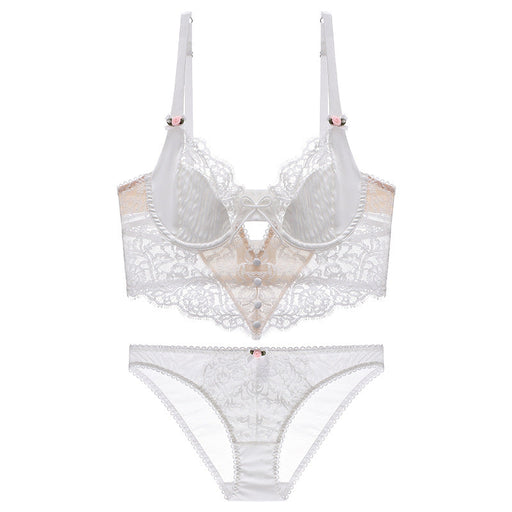 Color-White-Eyelash Lace Underwear Women Big Chest Small Push up Nipple Coverage Sexy Bra Set-Fancey Boutique