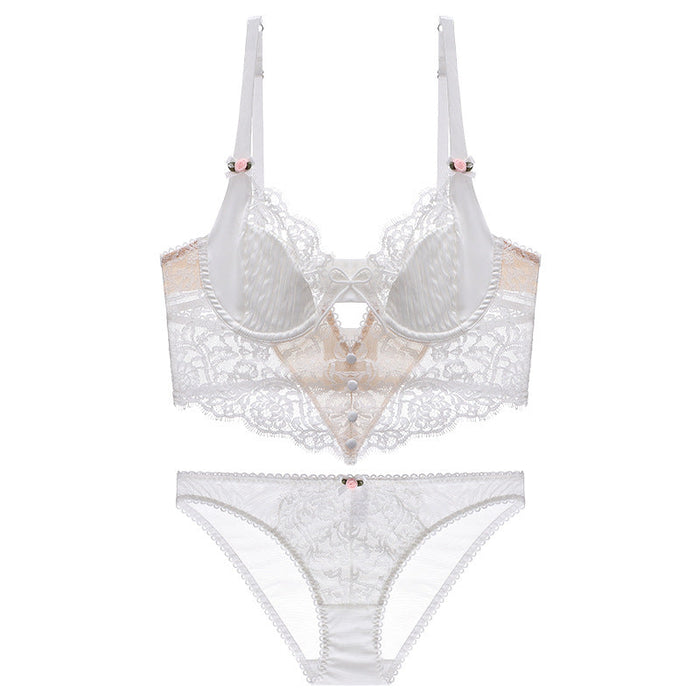 Color-White-Eyelash Lace Underwear Women Big Chest Small Push up Nipple Coverage Sexy Bra Set-Fancey Boutique