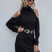 Color-Black-Mid-Length Sweater Women Fall Winter High Neck Pullover Dress Sweater no belt-Fancey Boutique