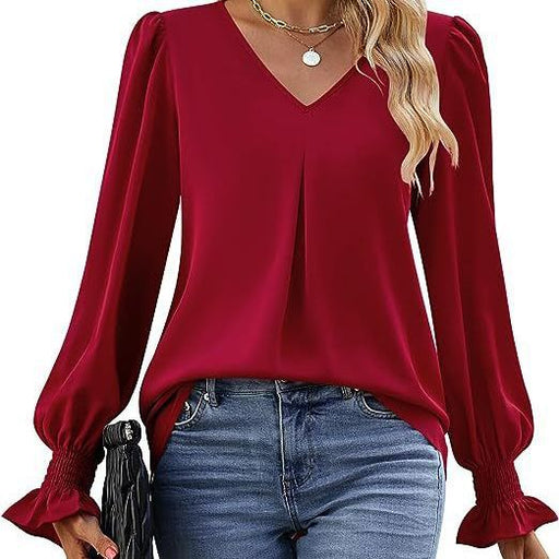 Color-Women Clothing Autumn Winter Solid Color Chiffon Shirt V Neck Pullover Horn Long Sleeve Top Shirt-Fancey Boutique