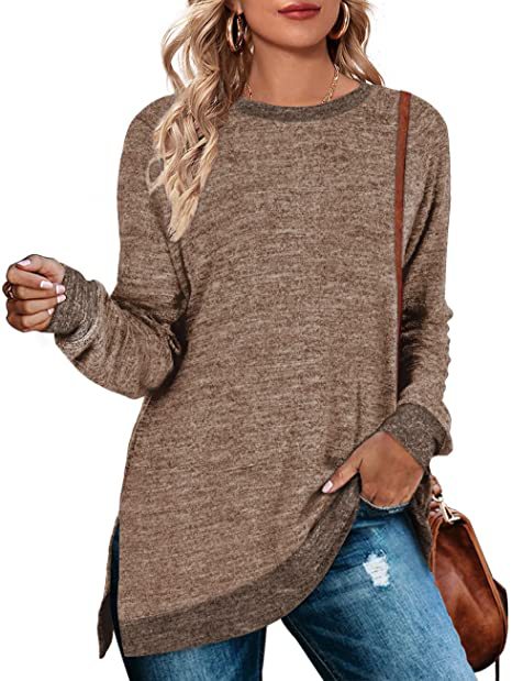 Color-Brown-Women Clothing Long Sleeve round Neck Multicolor Split Top Loose Casual Pullover T-shirt-Fancey Boutique