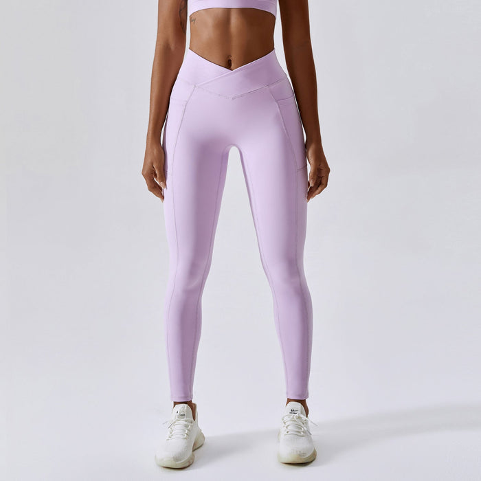 Color-Romantic purple-Nude Feel Yoga Pants Hip Lifting Pocket Quick Drying Fitness Pants Criss Cross Waist Head Skinny Running Sports Pants Women-Fancey Boutique