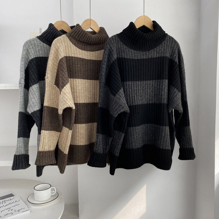 Color-Autumn Winter Thickened Warm Striped Turtleneck Long Sleeve Knitted Contrast Color Pullover Sweater-Fancey Boutique