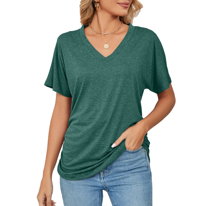 Color-Blackish Green-Summer Casual Pullover V Neck Solid Color Loose T Shirt Women Top-Fancey Boutique