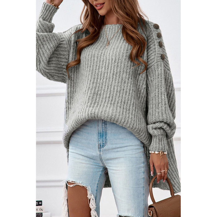 Color-Gray Button Drooping Shoulder Width Loose Sweater Women Casual All Matching Sweater-Fancey Boutique