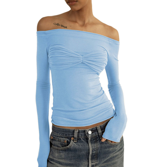 Color-skyblue-Spring Summer Best Women Clothes Lightweight See through off Neck T shirt Top-Fancey Boutique