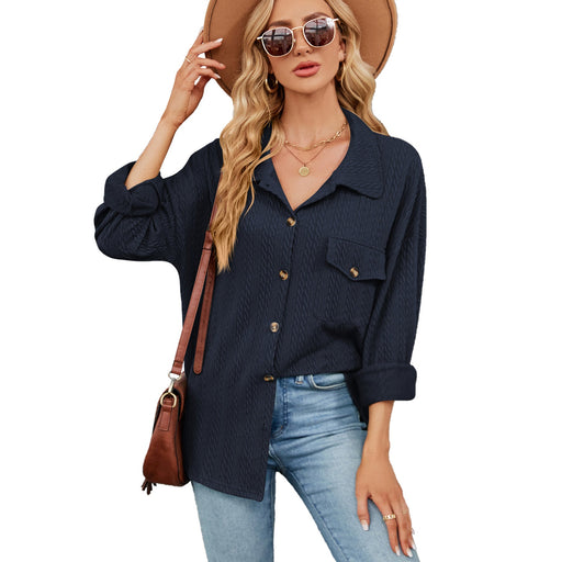 Color-Navy Blue-Solid Color Polo Collar Button Pocket Long Sleeve Loose Fitting Coat Top Women-Fancey Boutique