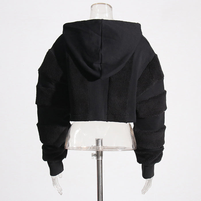 Color-Black-Casual Sweater Autumn Niche Design Lamb Wool Short Stitching Hooded Top for Women-Fancey Boutique