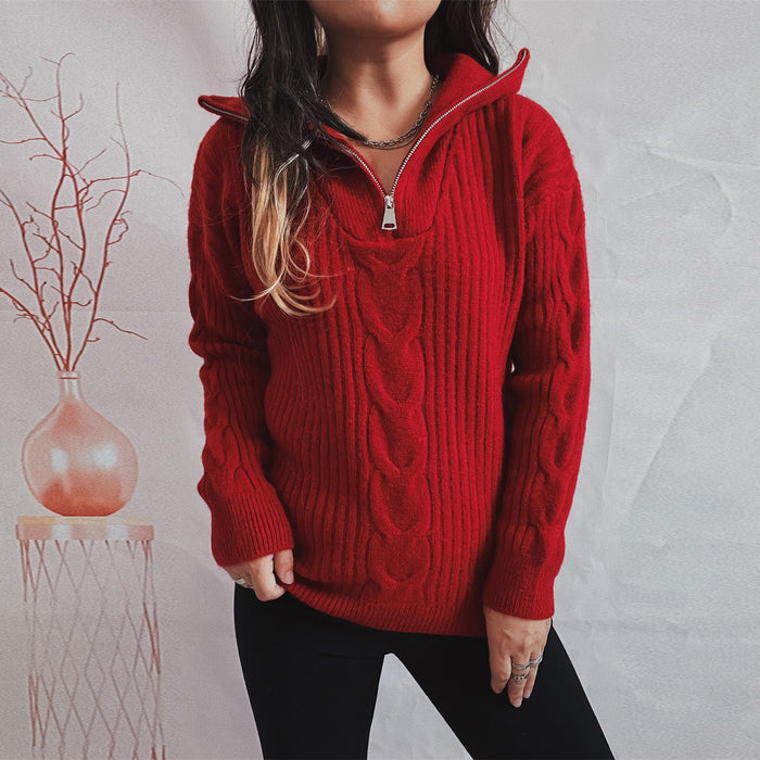 Color-Autumn Winter Twist Vertical Stripes Zipper Collared Solid Color Long Sleeve Knitted Pullover Sweater-Fancey Boutique