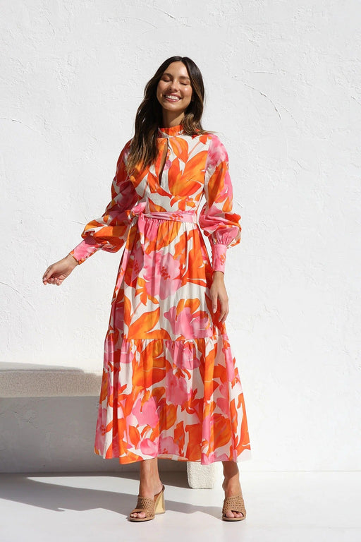 Color-Orange-Years Printed Pleated Oversized Swing Waist Lantern Sleeve Maxi Dress-Fancey Boutique