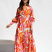 Color-Orange-Years Printed Pleated Oversized Swing Waist Lantern Sleeve Maxi Dress-Fancey Boutique