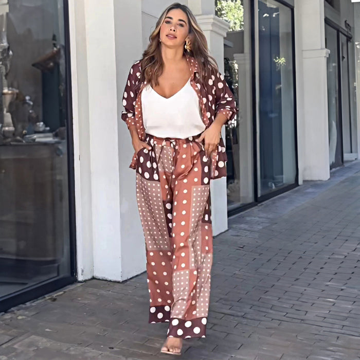 Color-Autumn Winter Casual Comfortable Loose Polka Dot Lace Printing Wide Leg Pants Set Women-Fancey Boutique