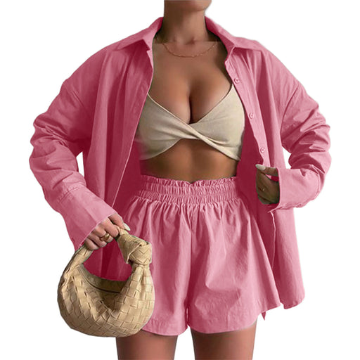 Color-Pink-Women Clothing Spring/Summer Single-Breasted Shirt Long Sleeve Solid Color Casual Two-Piece Suit-Fancey Boutique