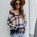 Color-Sweater V-neck Knitted Pullover Women Wear Plaid Loose Hole Knitted Sweater-Fancey Boutique