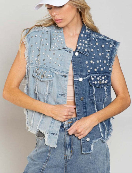 Color-Denim Vest Splicing Beads Loose Women Short Denim Jacket-Fancey Boutique