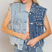 Color-Blue-Denim Vest Splicing Beads Loose Women Short Denim Jacket-Fancey Boutique
