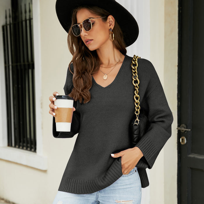 Color-Women Clothing Long Sleeve V Neck Sweater Casual Loose Fitting Women Sweater-Fancey Boutique