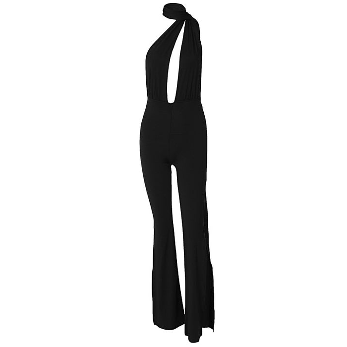 Color-Super Sexy Wrapped Chest Stitching Ribbon Tied Neck Backless Slit Tight Jumpsuit for Women-Fancey Boutique