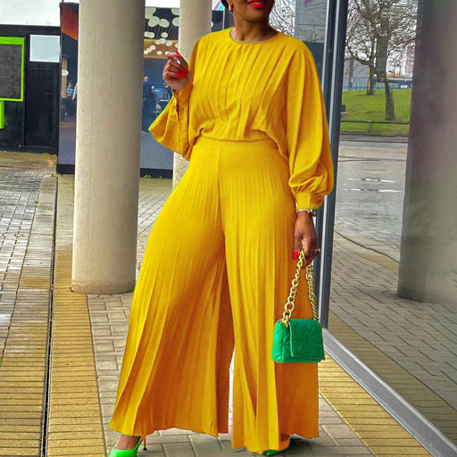 Color-Yellow-Women Clothing Summer Loose Casual Shirt Top Wide Leg Pants Two Piece Suit-Fancey Boutique