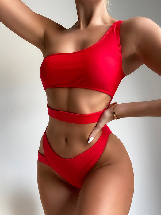 Color-Red-Women Solid Color One-Piece Irregular Asymmetric Swimsuit Swimwear Sexy Bikini Bikini-Fancey Boutique