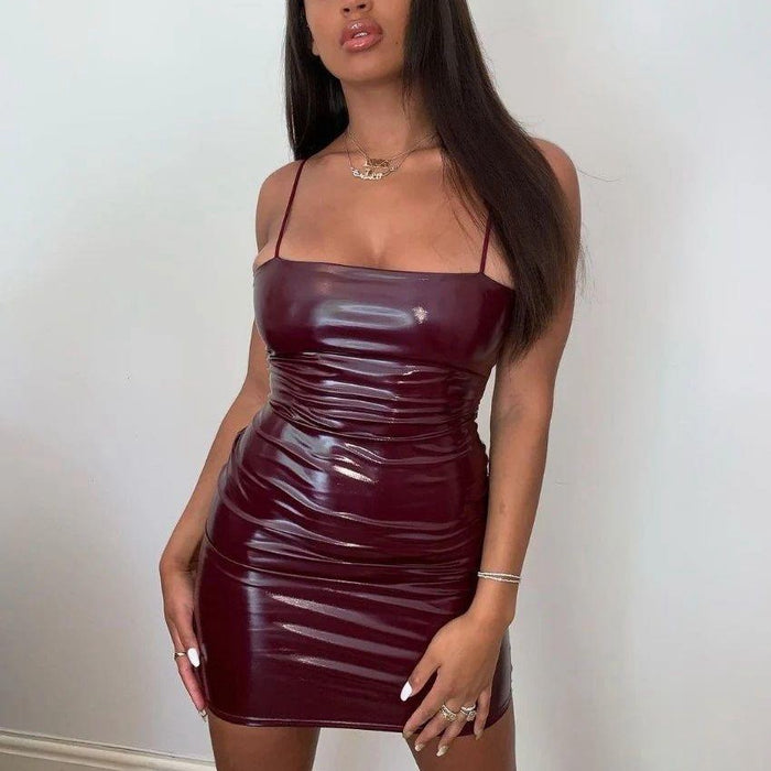 Color-Faux Leather Sexy Sling Waist Tight Hip Dress Women Clothing-Fancey Boutique
