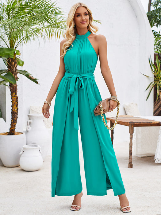 Color-Summer Women Clothing Fresh Air Solid Color Halter Lace up Jumpsuit-Fancey Boutique