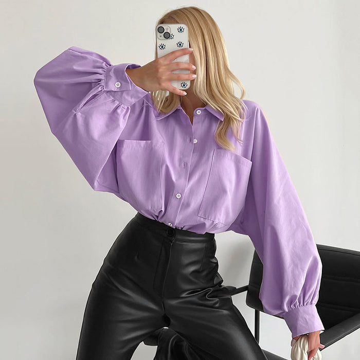 Color-Purple-Spring Office Casual Collared Shirt Women Pocket Batwing Sleeve Cardigan Long Sleeve Top-Fancey Boutique