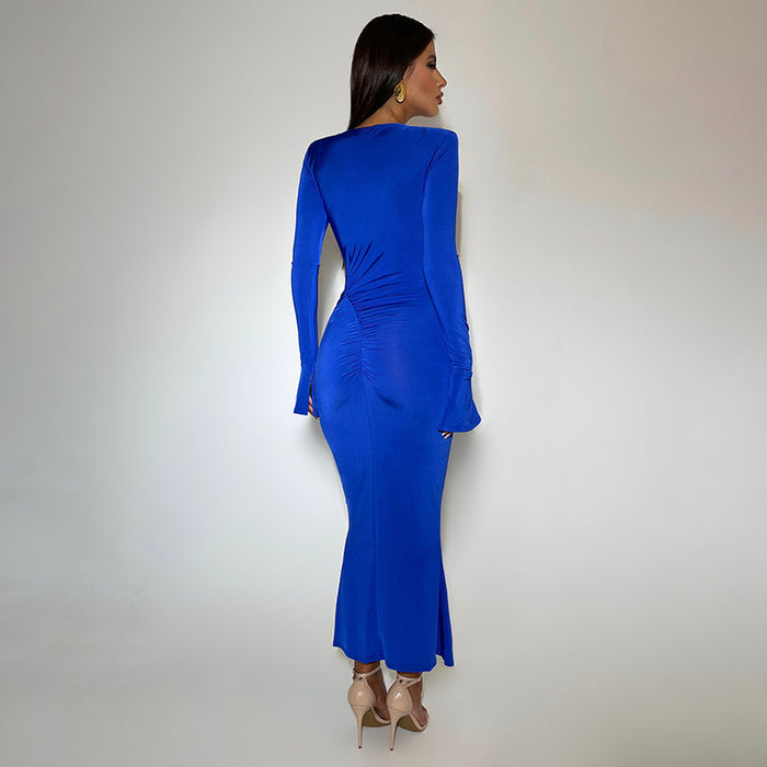 Color-Sexy Long Sleeve round Neck Stitching Ruffle Horn Long Sleeve Narrow Slim Fit Maxi Dress-Fancey Boutique