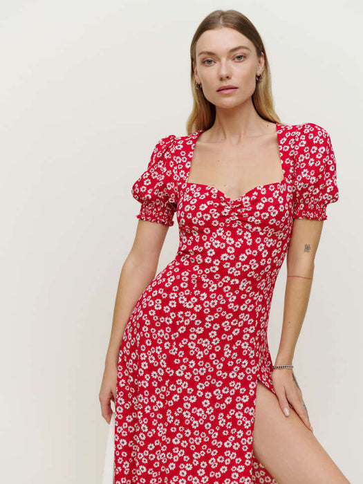 Color-Red-Women Clothing Square Collar Lantern Short Sleeve Printed Slit Hemline Hem Maxi Dress-Fancey Boutique