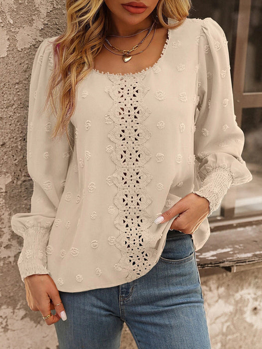 Color-Women Round Neck Puff Sleeve Big Polka Dot Stitching Lace Smocking Shirt-Fancey Boutique