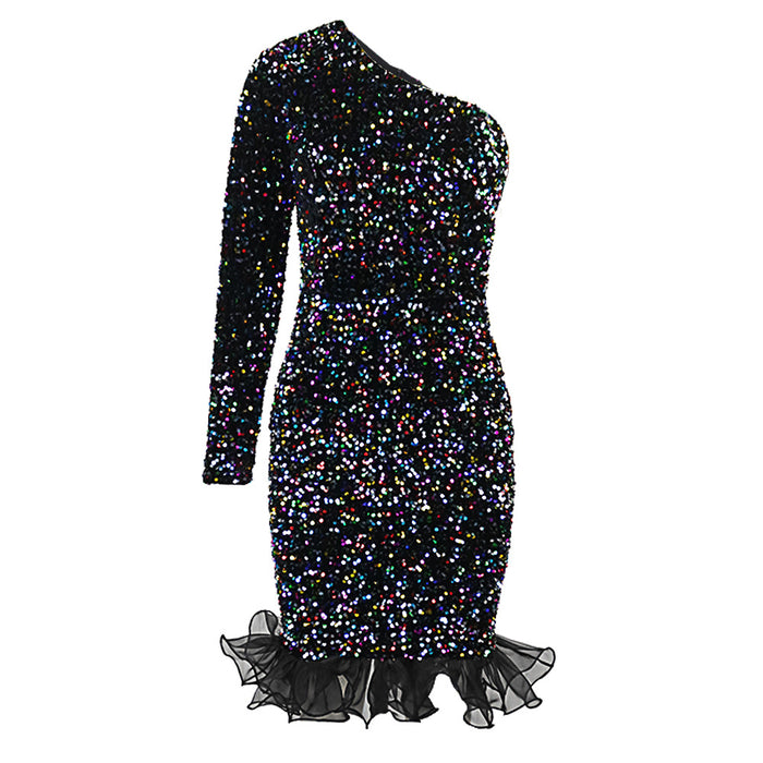 Color-Diagonal Collar Evening Dress Designer Model Elegant Graceful Color Sequ Dress Party Dress-Fancey Boutique