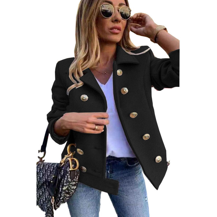 Color-Black-Fall Winter Slim Long Sleeve Double Breasted Collar Woolen Jacket-Fancey Boutique