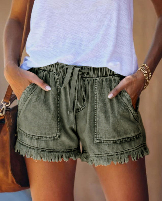 Color-Army Green-Summer New Elastic Waist Drawstring Casual High Waist Slimming Denim Shorts for Women-Fancey Boutique