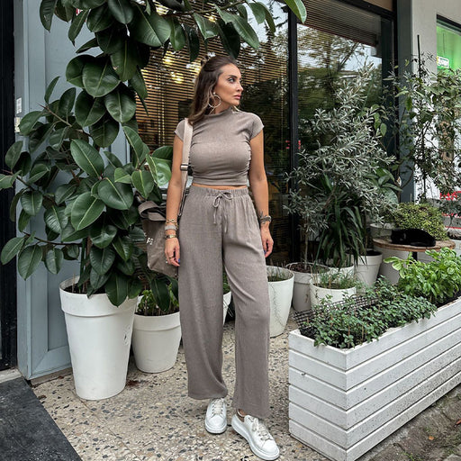 Color-Casual Set Knitted Wrinkle Half Turtleneck Short Sleeved T shirt Drawstring High Waist Trousers-Fancey Boutique