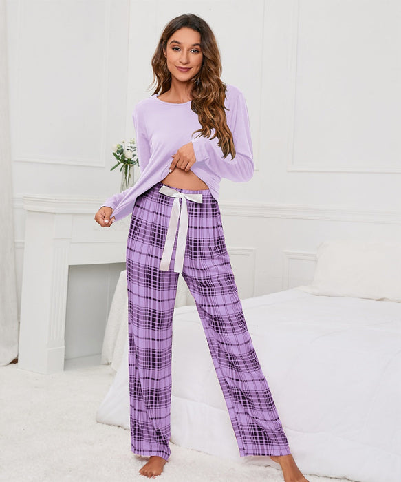Color-Purple-Solid Color round Neck T Printed Checks Women Casual Suit Homewear Pajamas Women-Fancey Boutique