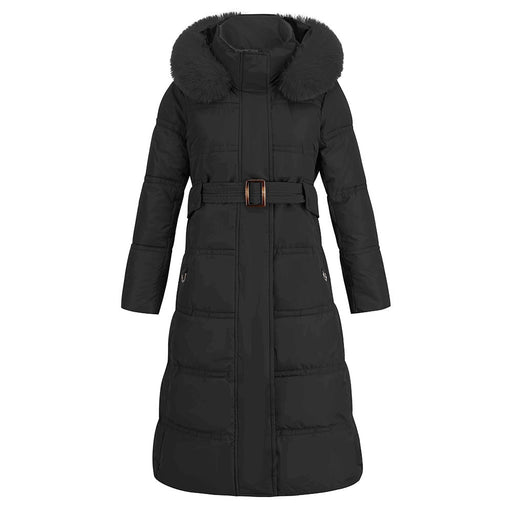 Color-Black-Fur Collar Contrast Color Coat Winter Slim Slimming down Cotton Padded Jacket Mid Length Coat for Women-Fancey Boutique