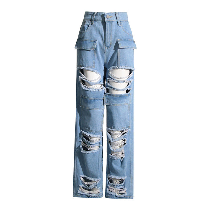 Color-Ripped Frayed Stitching Jeans Women Summer High Waist Wide Leg Pants Loose Street Slimming Retro Straight Leg Trousers-Fancey Boutique