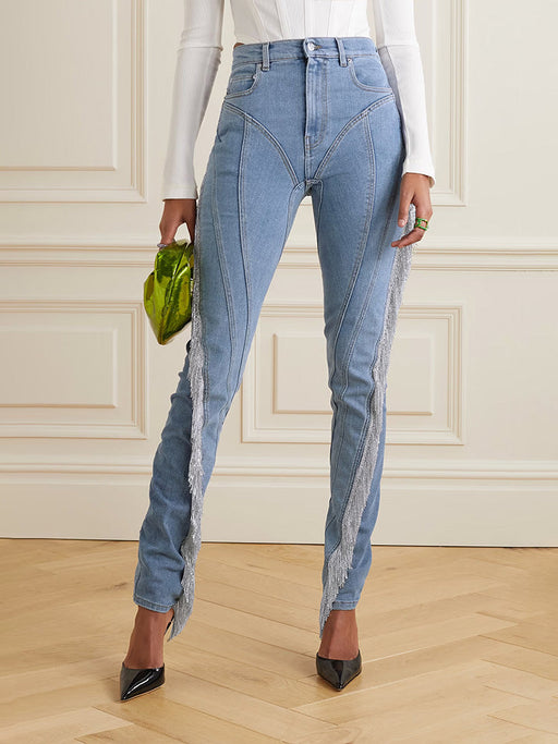 Color-Blue-Jeans Spring Elastic Slim Fit Drill Chain Tassel High-Grade Exquisite Pants Women-Fancey Boutique