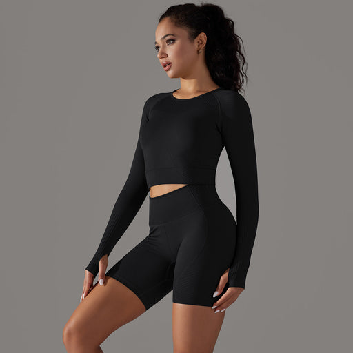 Color-Long Sleeve Shorts Suit-Black-Yoga Wear Suit Seamless Breathable Vest Sports Underwear High Waist Hip Lift Fitness Pants Suit-Fancey Boutique