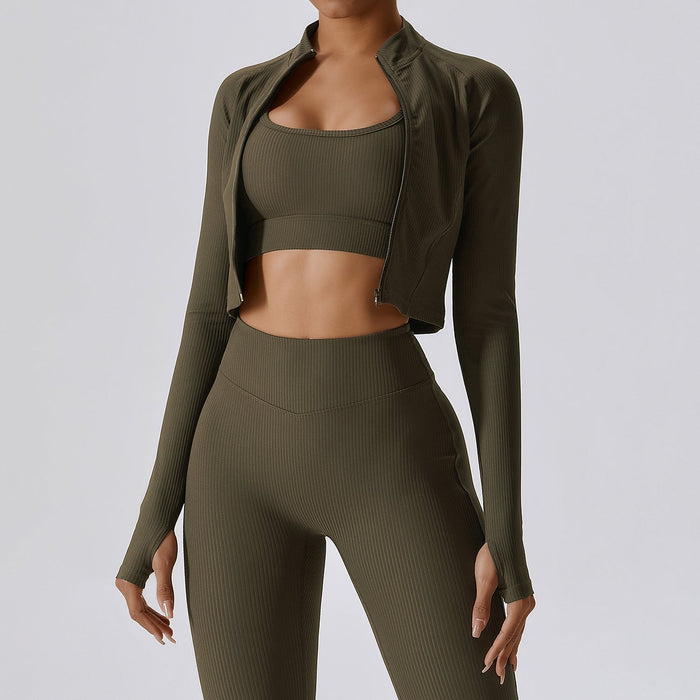 Color-Olive Green-Autumn Quick Drying Long Sleeved Yoga Coat Thread Zipper Workout Clothes Top Women Running Exercise Coat-Fancey Boutique