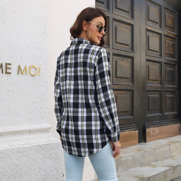 Color-Plaid Shirt Brushed Long Sleeve Mid-Length Loose Shirt Women Top Women Clothing-Fancey Boutique