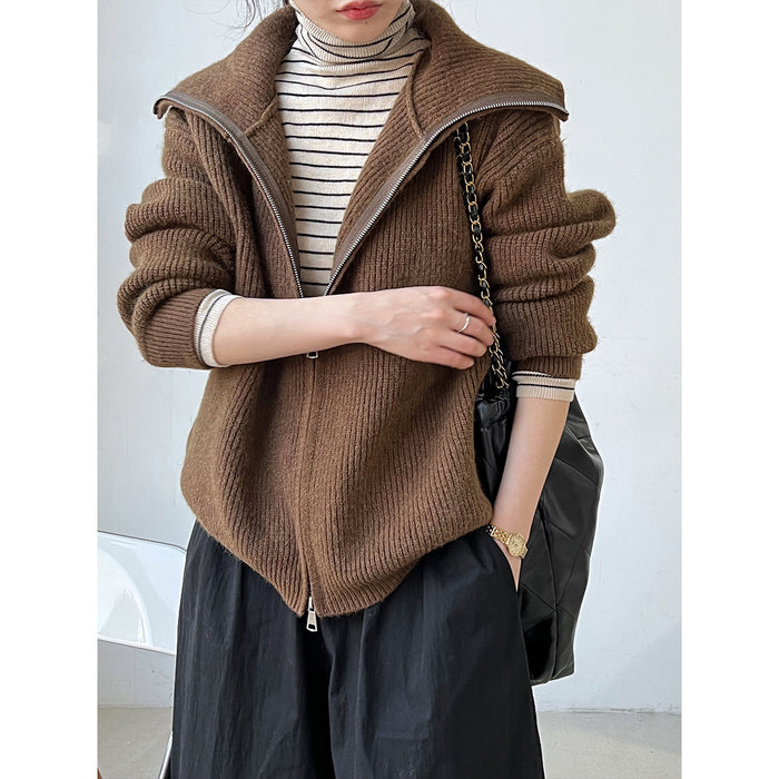 Color-Collared Stand Collar Two Way Wear Autumn Winter Lazy Double Zipper Knitted Sweater Cardigan Coat Women-Fancey Boutique