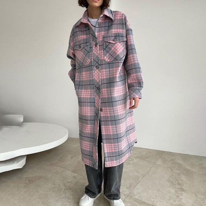 Color-Autumn Winter Women Clothing Long Sleeve Collared Plaid Coat Casual Woolen Long Cut Coat-Fancey Boutique