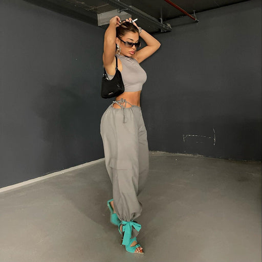 Color-Gray-High Waist Hollow Out Cutout Drawstring Solid Color Ankle Banded Working Pants Summer Retro Easy Matching Solid Color Straight Leg Pants-Fancey Boutique