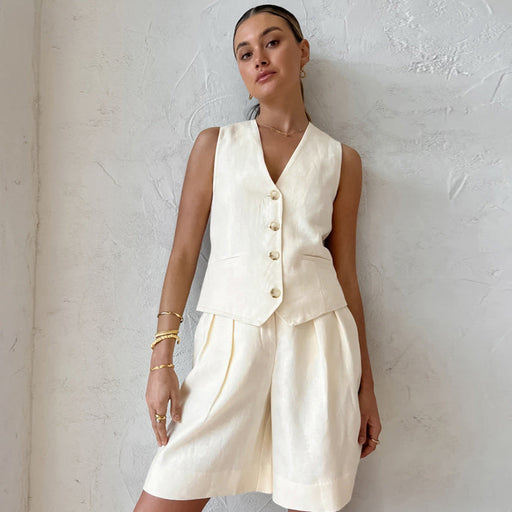 Color-Beige Cotton Linen Sleeveless Vest Waistcoat Suit Summer Loose Breathable Women Clothing Two Piece Suit-Fancey Boutique