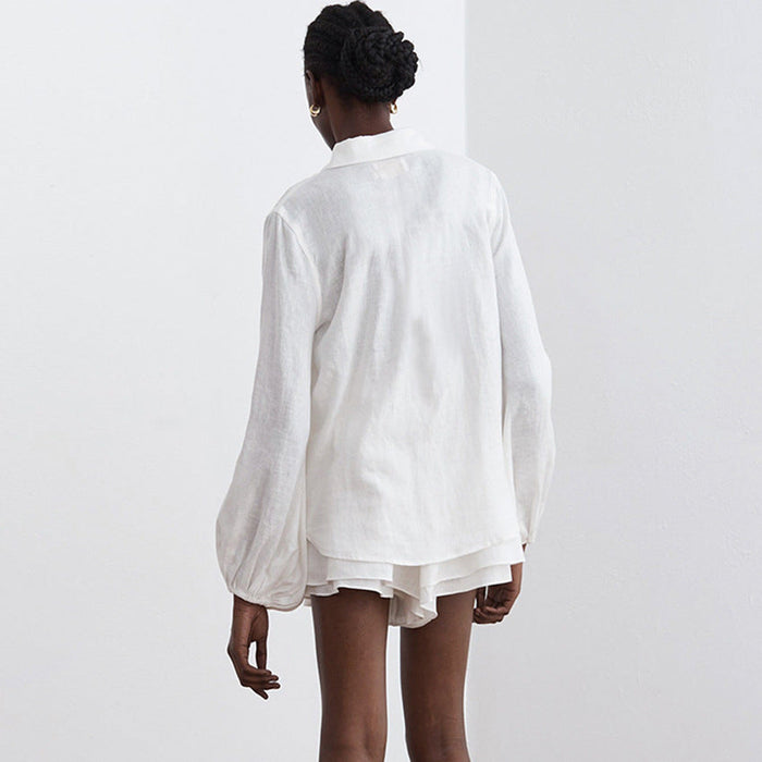 Color-Summer Cotton Linen Women Long Sleeve Blouse Ruffled Shorts Two Piece Casual Fashion White Suit-Fancey Boutique